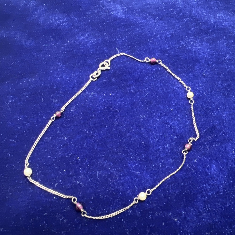 925 STERLING SILVER TWO TONE ANKLE BRACELET Amethyst BEADS Faux Pearls 9"